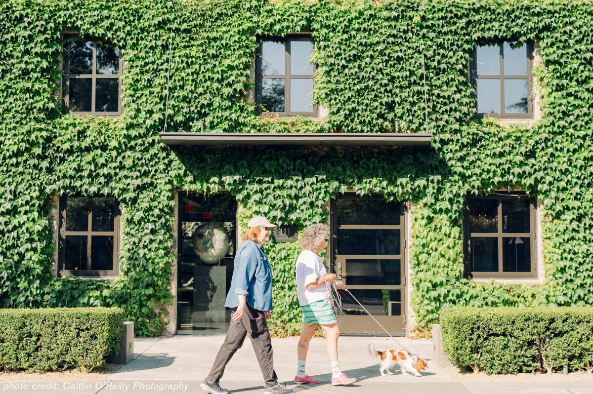 Two participants in the Walk for Animals 2023 event for Napa Humane pass a building covered in vines on the streets of Yountville.