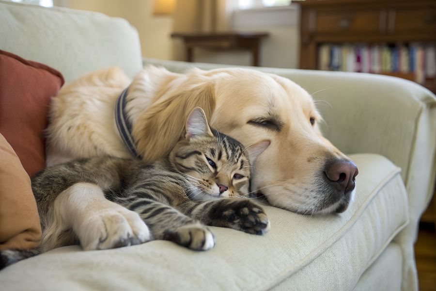 A golden retriever and a tabby cat snuggled together, peacefully napping on a cream-colored couch.