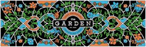 Colorful, stylized illustration featuring vines, flowers, and geometric shapes surrounding the logo for “The Garden,” a venue by Tannery Bend Beerworks, established in 2023.