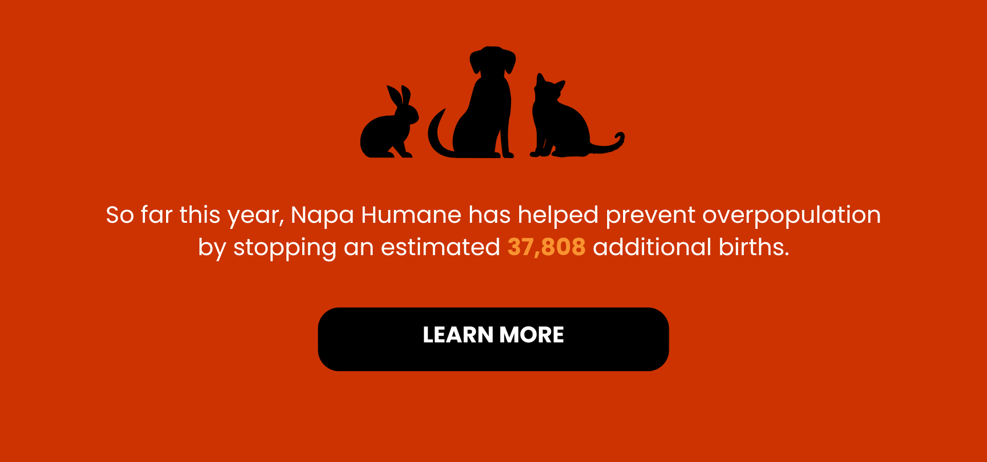 Silhouettes of a rabbit, dog, and cat above a message stating that Napa Humane has helped prevent 29,104 additional animal births this year.